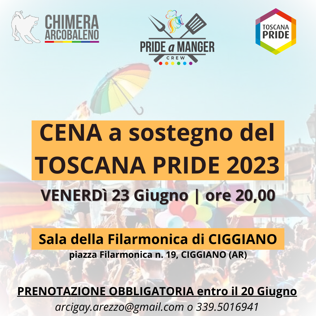 CENA a sostegno del Toscana Pride 2023: Venerdì 23 giugno a Ciggiano (AR)